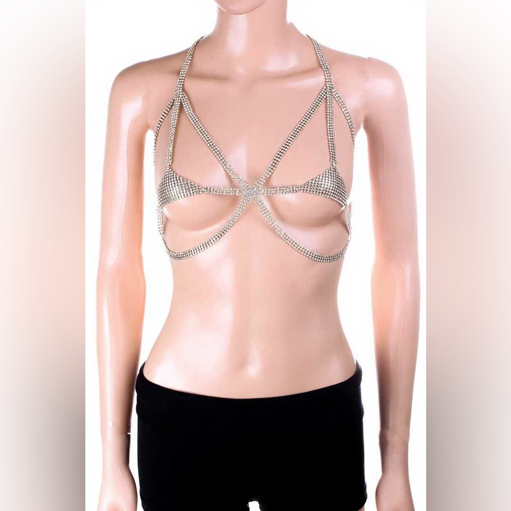 Mesh Rhinestone Strappy Bralette Body Chain - Picture 3 of 3